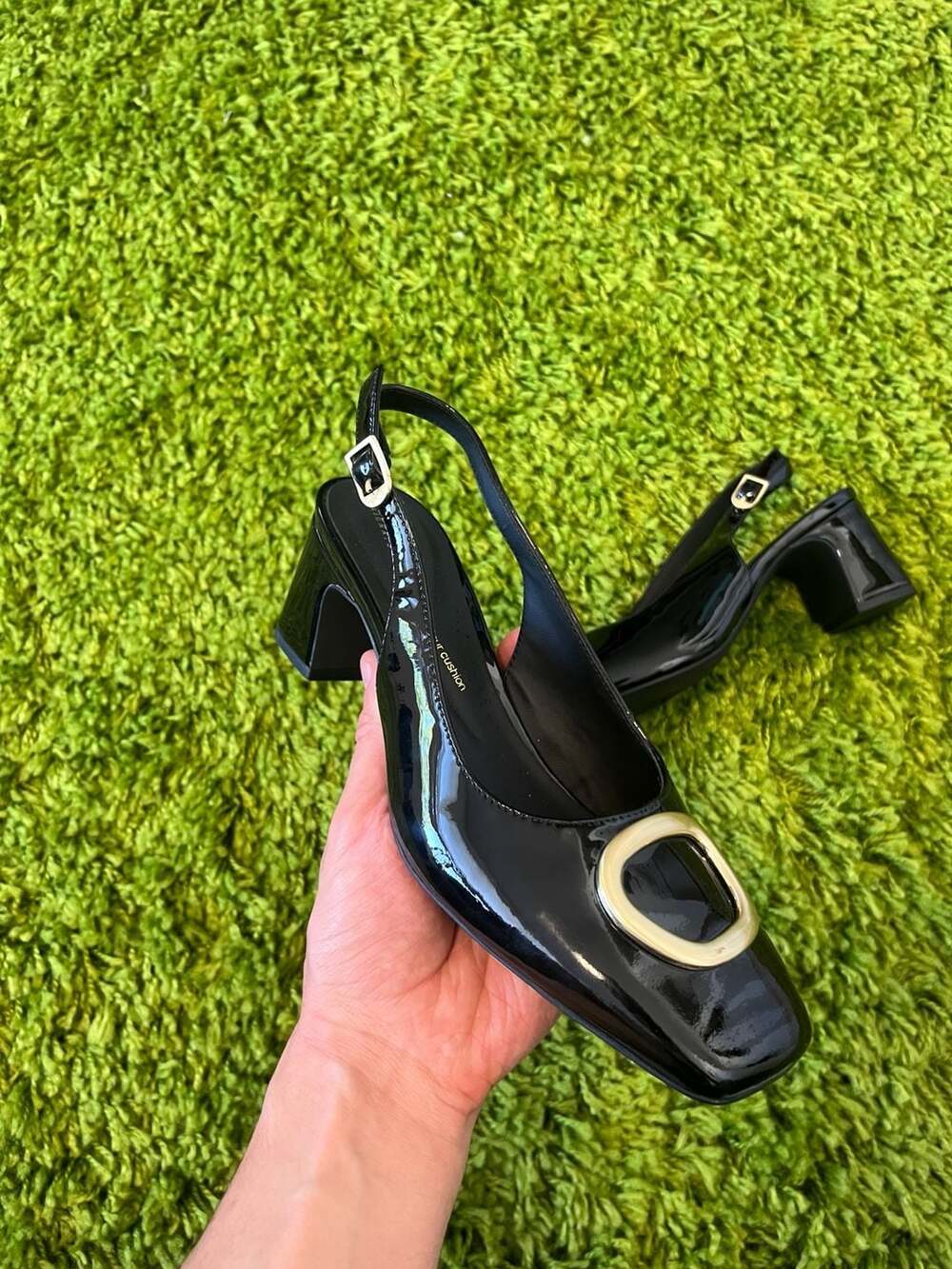 Clarks Black Patent Leather Slingback Heels with Silver-Tone Buckle